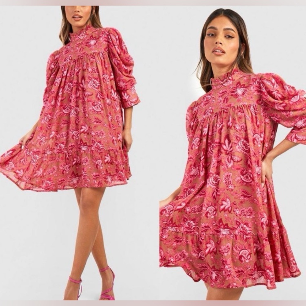 Boohoo Red and Tan Floral Dress (Size 8) Ptp 20” - Picture 1 of 6